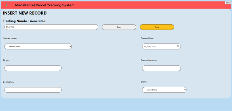 Add Parcel page